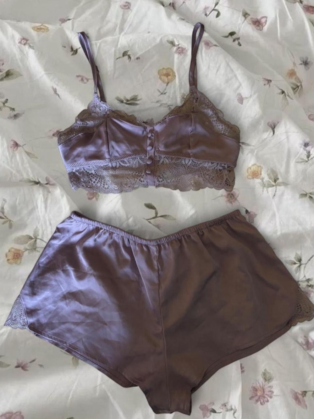 La Vie En Rose Satin Lace Bralette & Shorts Set in Amethyst Purple